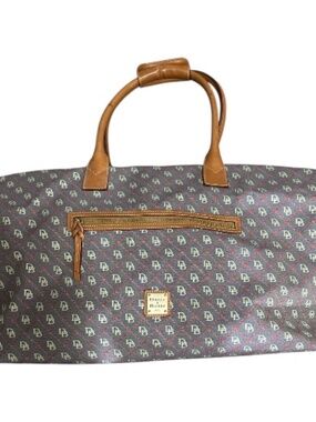 Dooney & Bourke DB Monogram Canvas Duffle Bag Brown Leather Trim Large Travel